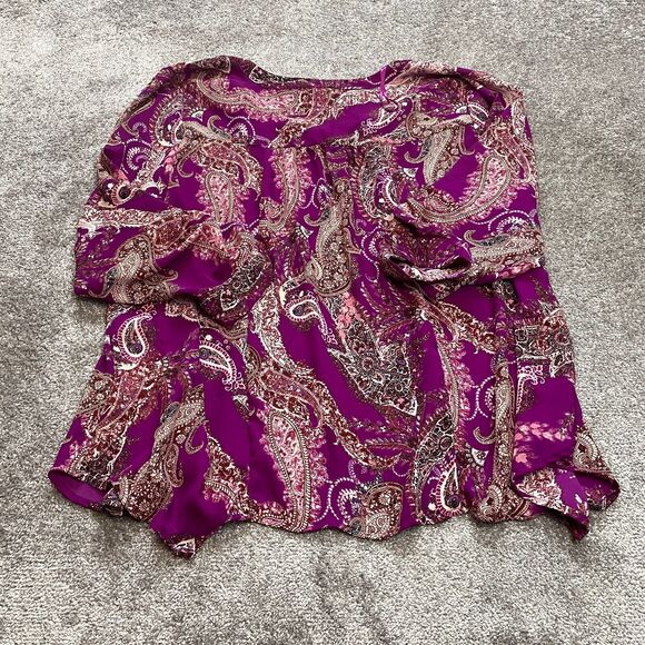Simply Emma Blouse Top Womens 3X Purple Paisley Long Sleeve Roll Tab Shirt - Picture 2 of 8